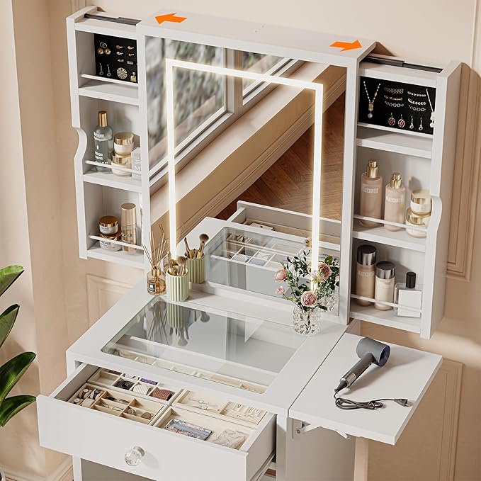 Einhomn Small Vanity Desk Set with Mirror and Lights, Glass Top Vanity with Storage, Compact Makeup Dressing Table with Stool and 2 Hidden Pull-Out Cabinets, for Bedroom, Saving Space, White