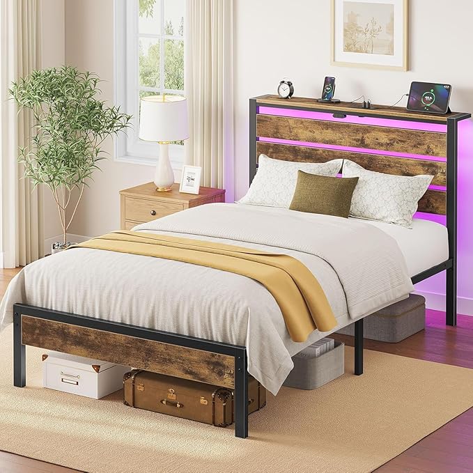 Rolanstar Bed Frame Twin Size with USB Charging Station, LED Bed Frame with Wood Storage Headboard, Rustic Brown Metal Platform Bed with Under Bed Storage, No Box Spring Needed, Noise Free