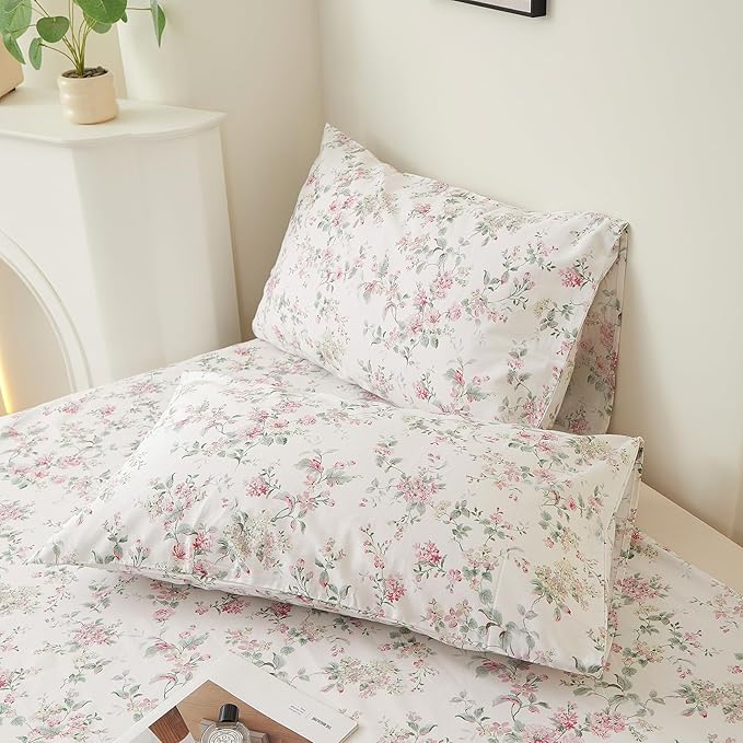 VM VOUGEMARKET Girl's Pink Flower Duvet Cover Set Twin,Pure Cotton Bedding Set Vintage Floral Prints on White Duvet Cover Conquette Cottagecore for Teen Girls
