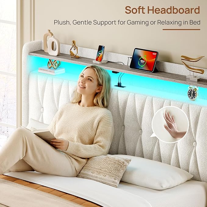 Rolanstar Queen Bed Frame with Drawers, Storage Headboard with Charging Station and LED Lights, Upholstered Bed with Heavy Duty Wood Slats, No Box Spring Needed, Noise Free, Easy Assembly, Beige