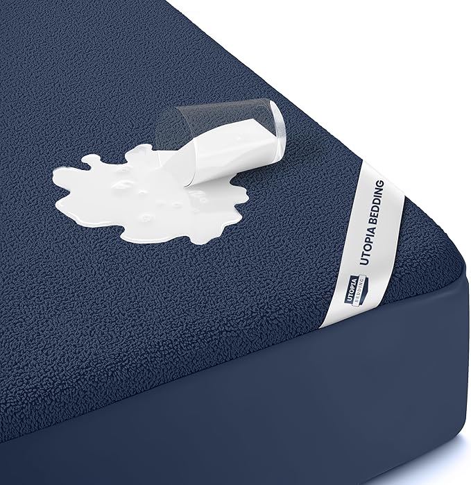 Full Size Mattress Protector Waterproof, Premium 200 GSM Terry Mattress Cover, Soft & Breathable Bed Cover, Fitted Sheet Style Stretchable Deep Pockets 15" by Utopia Bedding (Navy Blue)