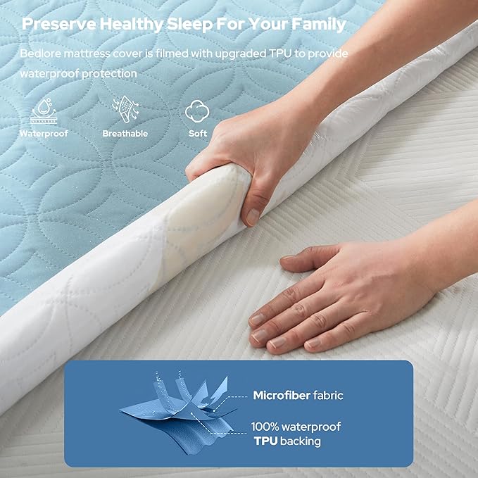 BEDLORE Waterproof Mattress Protector, Cal King Size Mattress Pad with Deep Pocket 6"-22" Depth, Soft Dirt-Proof Double Bed Mattress Cover for Bedroom, College Dorm, Hotel (Sky Blue)