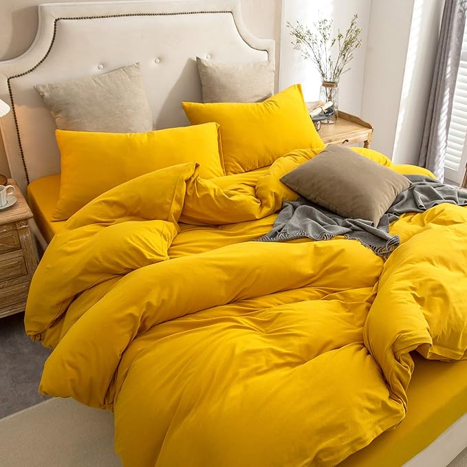 PURE ERA Jersey Knit Duvet Cover Set 100% T-Shirt Cotton Super Soft Comfy 3pc Bedding Set with Zipper Closure (Solid Yellow, King)