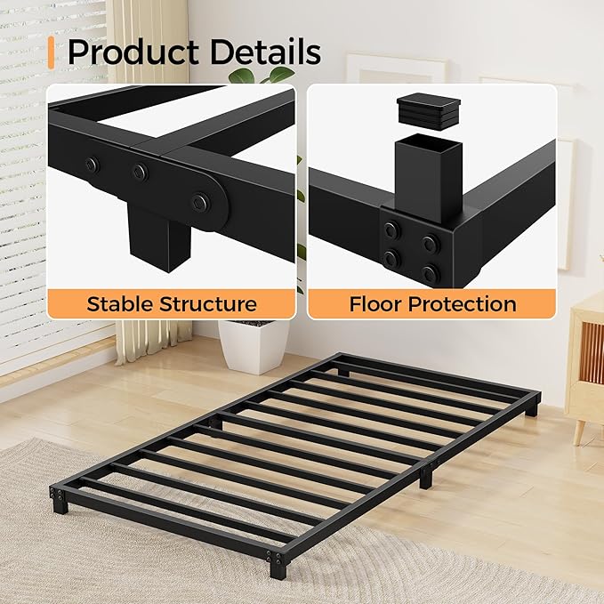 4 Inch Bed Frames Twin Size Low Profile Metal Platform Bed Frame Heavy Duty Steel Slat Support, No Box Spring Needed, Easy Assembly, Noise Free