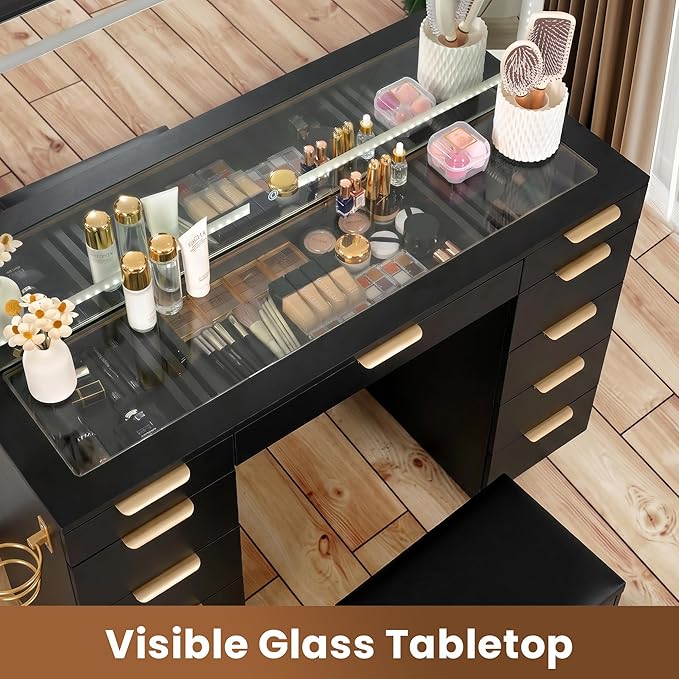 11 Drawers Glass Top Vanity Desk with Chair, Crystal Handles Makeup Vanity with Mirror and Lights, Dressing Table with Power Outlet, Adjustable Lighting Modes, Black