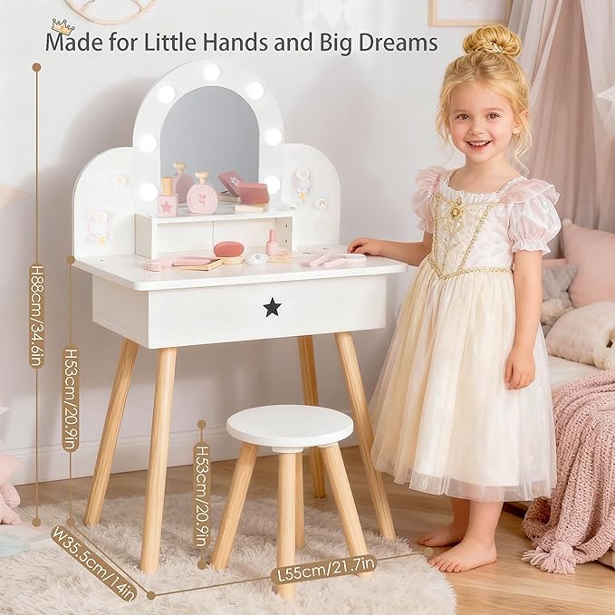 Leeshyah Kids Vanity Set for Little Girls with Touch-Button 3-Color Light Mirror, Wooden Pretend Play Makeup Table with 11 Accessories, Toddler-Sized Beauty Desk for Ages 3+