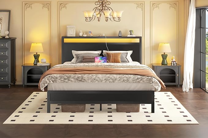 Fluest Full Bed Frame with Headboard & Footboard, Full Bed Frame with Built-in Charging Station & LED Light, Storage Shelf, Noise-Free, No Box Spring Needed, Easy Assembly, Classic Black