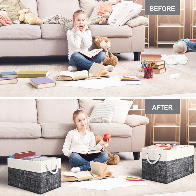Fab totes Storage Bins 8-Pack, Foldable Storage Baskets for Organizing Toys, Books, Shelves, Closet, Large Storage Box with Rope Handles, Sturdy Organizer Bins, White & Black