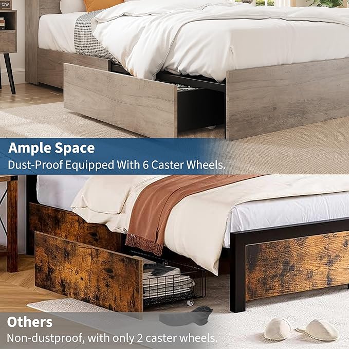 GarveeHome Queen Size Bed Frame with High Storage Bookcase Headboard, Wood Bed Frame with 4 Storage Drawers, Built in Charging Station, No Box Spring Needed, Metal Frame, Noise-Free, Grey