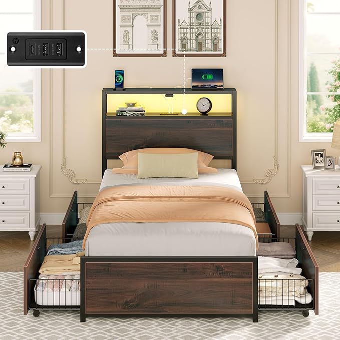 Rolanstar Twin Bed Frame with 4 Storage Drawers & 2-Tier Storage Headboard, Metal Platform Bed Frame with Charging Station & LED Lights, Noise-Free, No Box Spring Needed, Easy Assembly, Espresso