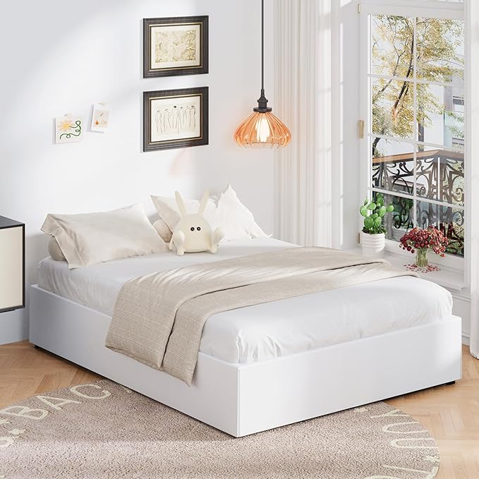 Upcanso 16 Inch King Size Bed Frame with White Skirt Cover, Metal King Bed Frame with Storage, No Box Spring Needed, Heavy Duty, Easy Assembly, Noise Free, Mattress Foundation