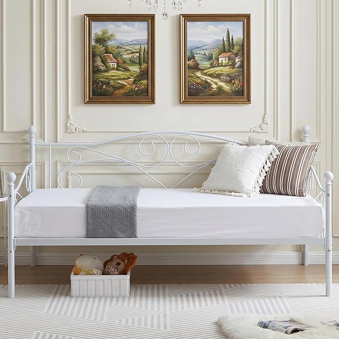 VECELO Daybed Frame, Twin Size Metal Platform Bed with Headboard,Heavy Duty Steel Slats Support for Living Room Bedroom Guest Room, Easy Assembly
