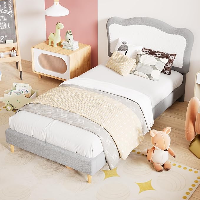 GarveeHome Full Bed Frames for Kids with Soft headboard, Velvet Low Bed Frame for Girls, Boys, No Box Spring Needed, Wooden Slats, Noise Free, Sturdy, Easy Assembly, Grey White