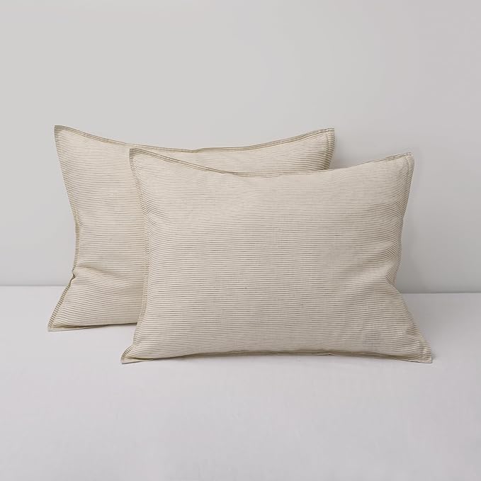 CHUFFED 100% French Linen Pillow Cases Standrad Size Set of 2, Stone Washed Flax Pillow Shams with Zipper Closure - Breathable & Cooling for Hot Sleepers,20x26 Inches,Brown Stripe