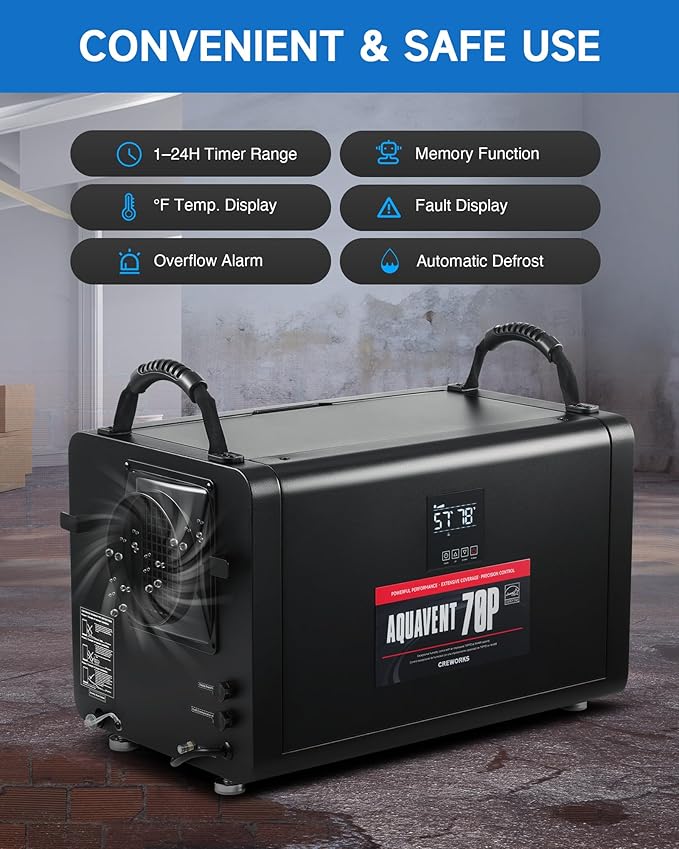 CREWORKS 145 PPD Commercial Dehumidifier, 145 Pint Dehumidifier for Basement with Water Pump, Professional Crawl Space Dehumidification with Auto Defrost & Detachable Display Panel