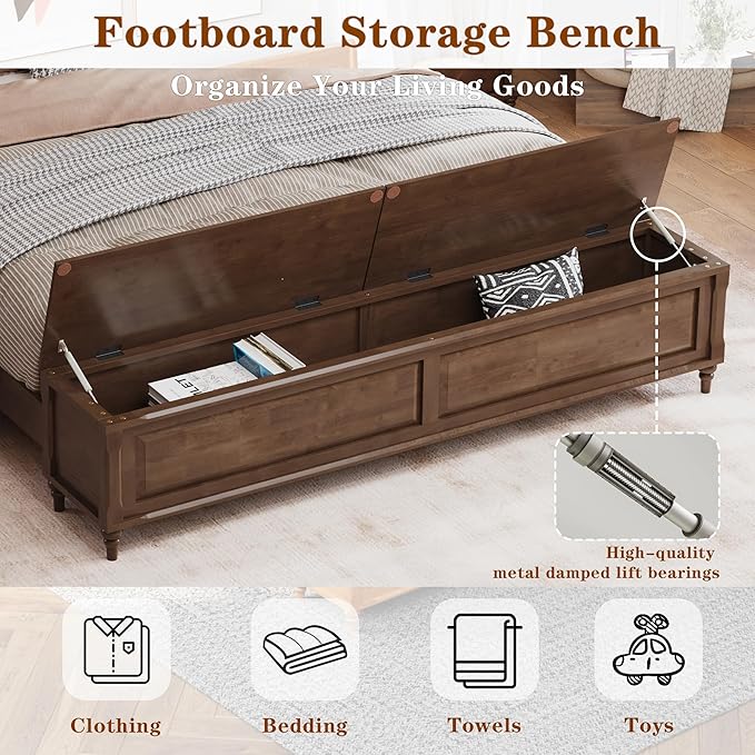 KEIKI King Size Platform Bed Frame with Storage Chest, Wooden Sleigh Bed with High Headboard and Footboard Storage Bench, Solid Wood Construction, No Box Spring Needed, Walnut Brown