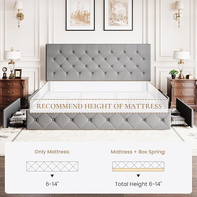 SHA CERLIN Upholstered King Size Platform Bed Frame with 4 Storage Drawers, Adjustable Headboard with Diamond Stitched Button Tufted Design, Wooden Slat Support, No Box Spring Needed, Light Grey