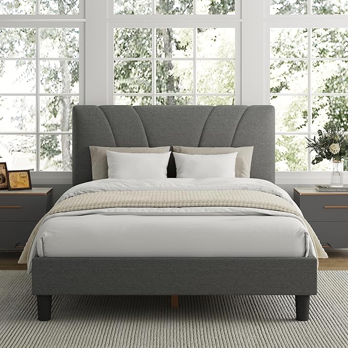 Avenco King Bed Frame, Upholstered Platform Bed Frame with Adjustable Headboard, Wood Slat Support, Easy Assembly, No Box Spring Needed, Light Grey