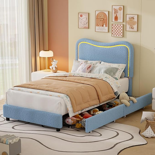 GarveeHome Upholstered LED Twin Bed Frames for Kids with 2 Drawers and Headboard, Cute Twin Bed with Storage for Girls, Boys, Sturdy Platform Bed, No Box Spring Needed, Wooden Slats, Noise Free, Blue