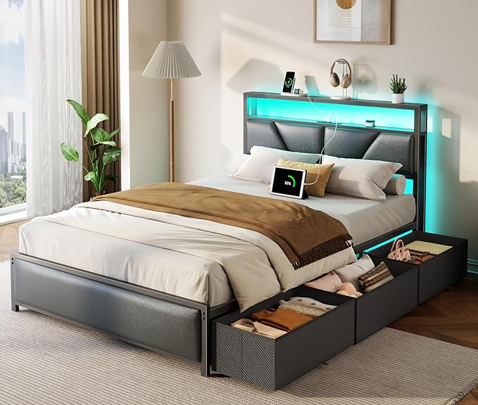 OURPIC Full Size Bed Frame, 2-Tier Storage Headboard & 6 Fabric Drawers, PU Leather Upholstered Platform Bed Frame Full with Charging Station and LED Lights, No Box Spring Needed, Noise Free