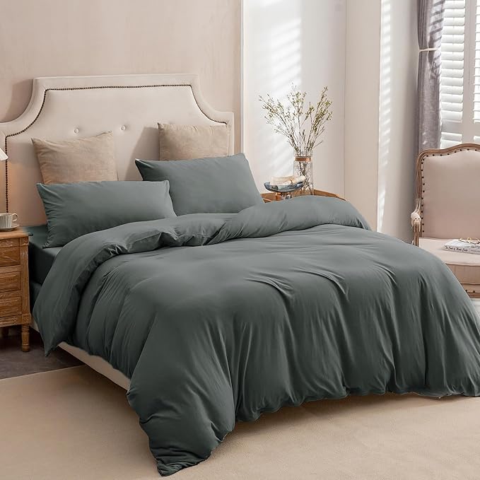 PURE ERA Jersey Knit Duvet Cover Set 100% T-Shirt Cotton Super Soft Comfy 3pc Bedding Set with Zipper Closure (Solid Dark Greenish Gray, Cal King)