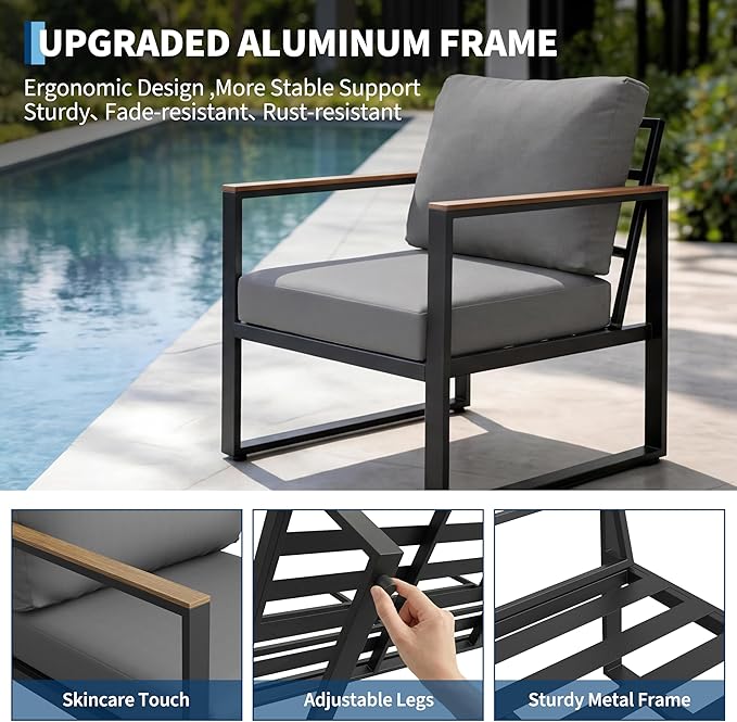 GarveeHome 4-Piece Aluminum Patio Furniture Set with Coffee Table, Outdoor Sectional Conversation Set with Washable High-Resiliency Sponge Cushions, Modern Metal Sofa for Poolside, Deck (Gray)