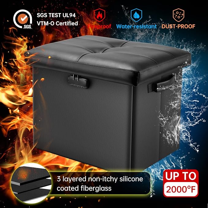 DocSafe Storage Ottoman with Lock,Fireproof Folding Ottoman Foot Rest Stool Storage Chest with Storage Safe for Important Documents,Waterproof 17 Inches Short Ottoman Foot Stool with Handles,Black