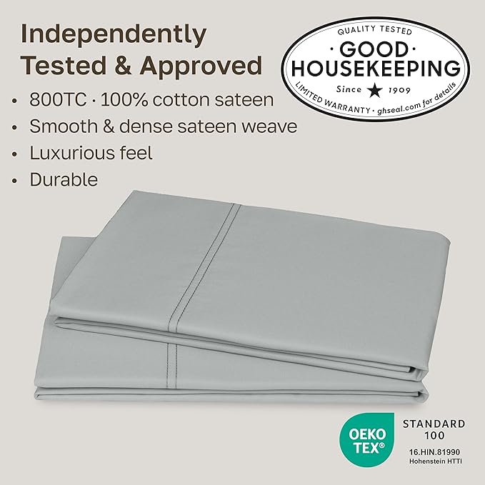 Heirloom Soft, Smooth & Thick Certified 800 Thread Count 100% Cotton Sateen, 2 Pillow Cases King Size, Fits King Pillows (Light Grey)