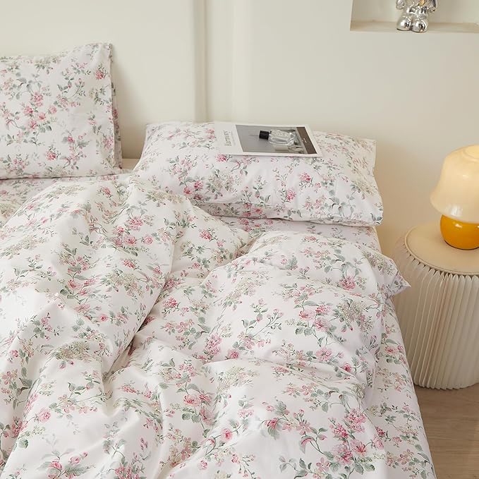VM VOUGEMARKET Girl's Pink Flower Duvet Cover Set Twin,Pure Cotton Bedding Set Vintage Floral Prints on White Duvet Cover Conquette Cottagecore for Teen Girls