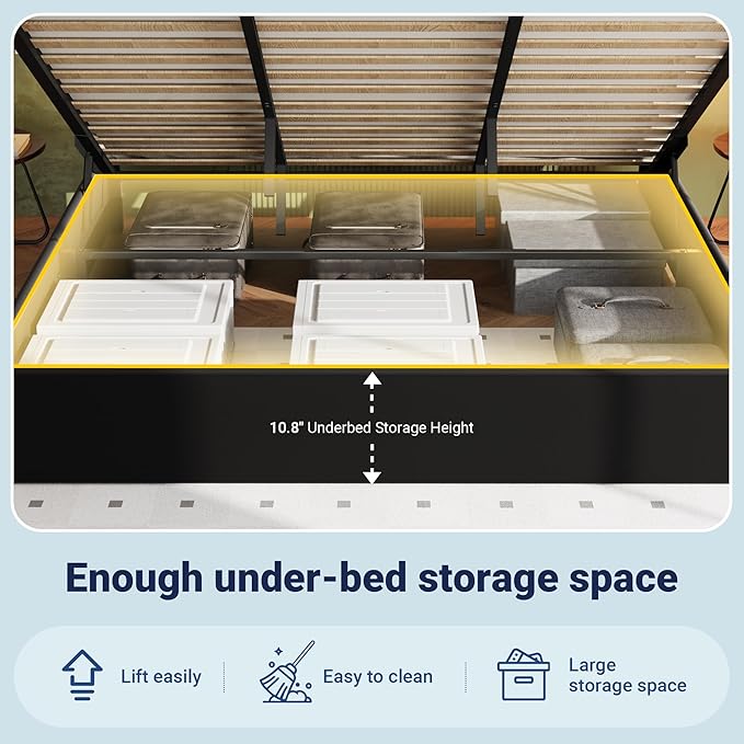 Allewie King Size Lift Up Storage Bed Frame with Charging Station & LED Lights, Adjustable Velvet Upholstered Storage Headboard, Type-C & USB Ports, Hydraulic Support, No Box Spring Needed, Black