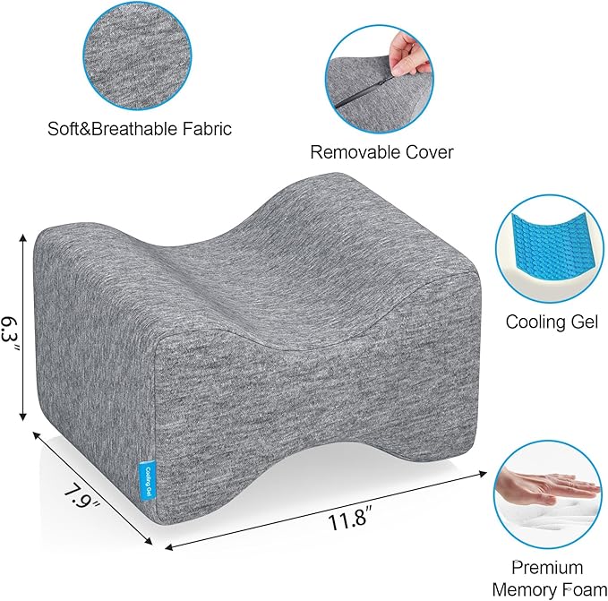 Knee Pillow for Side Sleepers with Cooling Gel, Memory Foam Elevation Pillow for Spine Aligning, Sciatica, Back, Hip, Knee, Ankle Pain, Grey/Plus