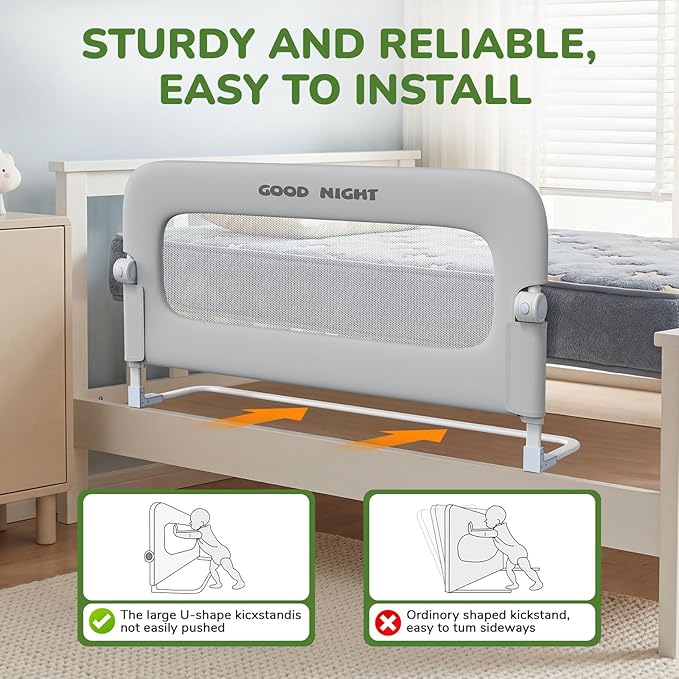 Bed Guard Rail for Toddlers - 47" Adjustable Heights & Folding up Portable Bed Railing for Baby - Toddler Bed Rails Guard for Crib, Twin, Bunk,Full Size, Queen & King Bed(Grey)