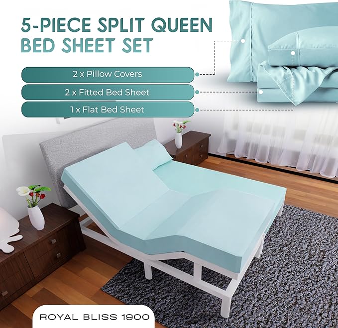 Split Queen Sheets - 5 Pcs Set for Adjustable Bed - Soft, Wrinkle-Resistant (Aqua)