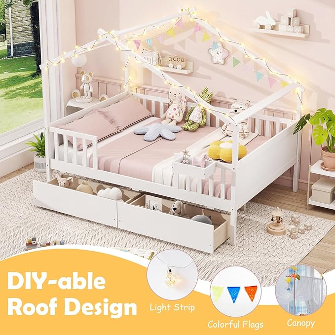 Giantex Full House Bed with Drawers, Wooden Full Size Bed Frame with Cube Storage & Fence Rails, Montessori Beds for Kids Boys Girls, Bedroom, Living Room, No Box Spring Needed, White
