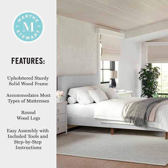 Martha Stewart Britta Platform Bed with Headboard & Footboard, Faux Linen Upholstery with Piping Detail, Rounded Headboard, No Box Spring Needed, Queen, Gray