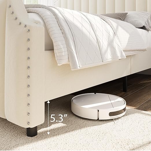 GarveeHome King Size Platform Bed Frame with 50.2 in Headboard, Velvet Upholstered Bed Frame with Vertical Channel Tufted Headboard & Footboard, Nailhead Trim, No Box Spring Needed, Cream