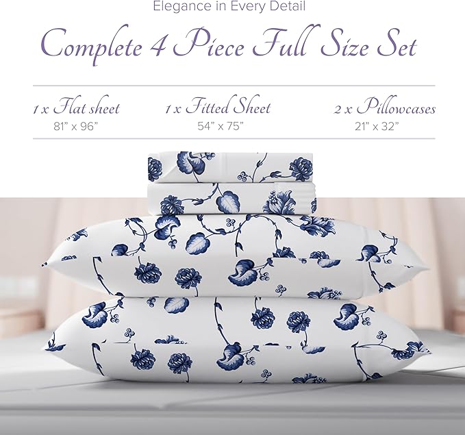 Carressa Linen 100% Egyptian Cotton Full Size Sheets - 600 Series Hydrangeas Printed Full Size Egyptian Cotton Sheets (4 PC, Floral Blue), 16" Deep Pocket Sateen Weave Luxury Hotel Bed Sheet Set