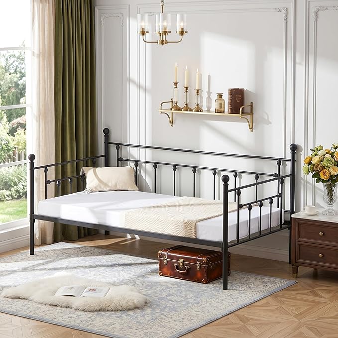 VECELO Daybed Frame, Twin Size Metal Platform Bed with Headboard,Heavy Duty Steel Slats Support for Living Room Bedroom Guest Room, Easy Assembly