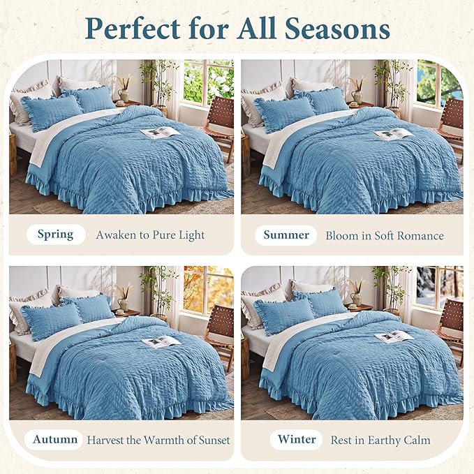JOLLYVOGUE King Size Comforter Set, 3 Pieces Sea Blue Seersucker Comforters King Size, Lightweight & Fluffy Bedding Sets King for All Season with 1 Ruffle Comforter and 2 Ruffle Pillowshams