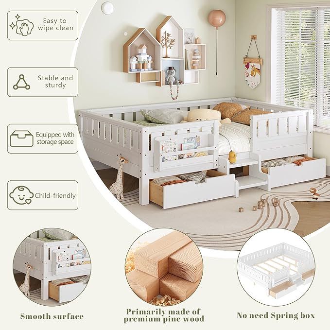 Bellemave Queen Bed with Storage Drawers & Bookshelf, Low Profile Kids Bed Frame with Staircase & Full Length Guardrails, Solid Wood Queen Bed for Kids with Slats Load 550LBS, Easy Assembly, White