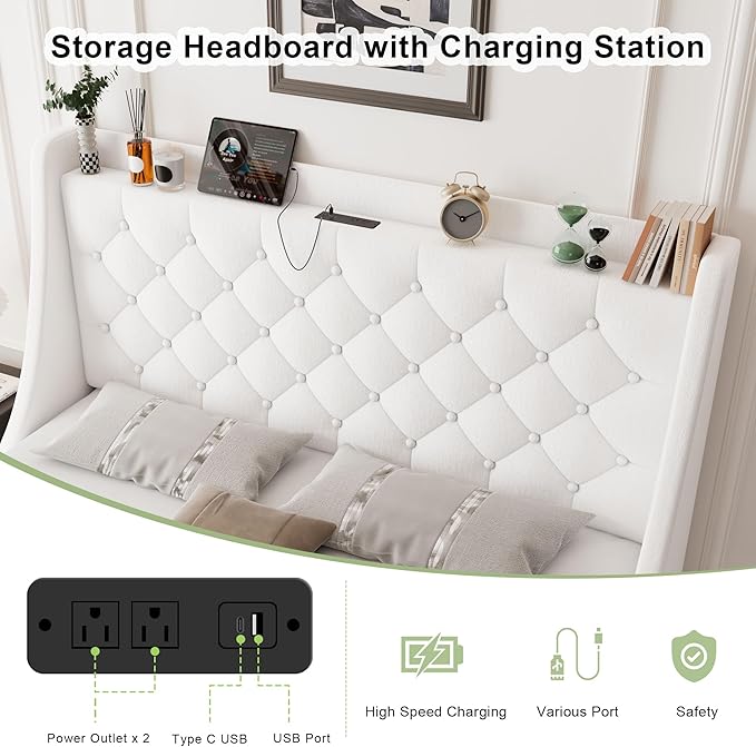 Feonase Upholstered Queen Size Bed Frame with 4 Storage Drawers, Charging Station, Tufted Wingback Storage Headboard, No Box Spring Needed, Easy Assembly, White