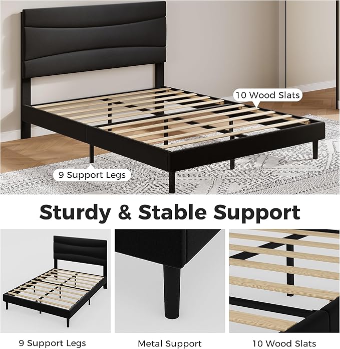 GarveeHome Full Modern Upholstered Bed Frame with Soft Padded Headboard,Sturdy Metal Steel Slat Support, Noise-Free Quiet Design,Easy Assembly,Heavy Duty Stable Bed Frame(Black)