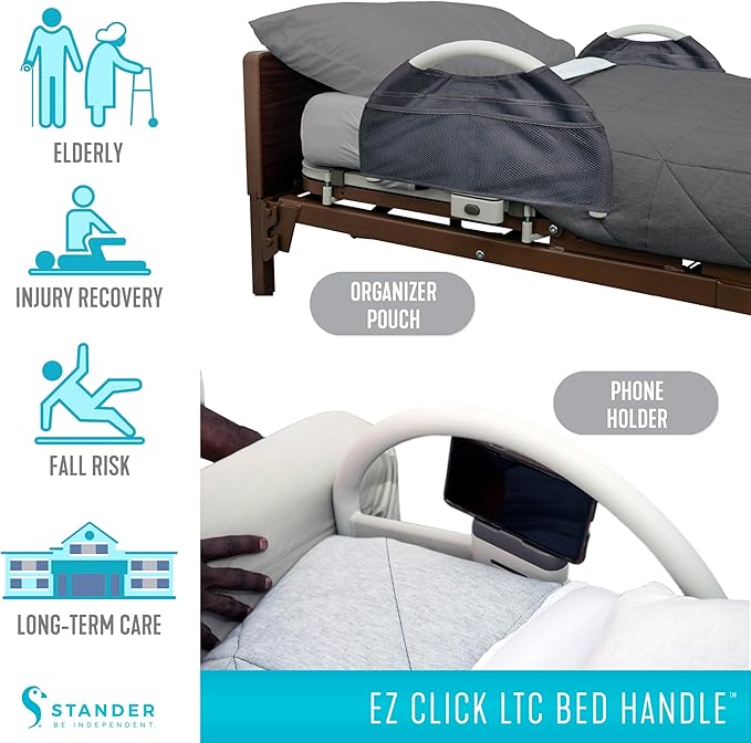 Stander EZ Click Bed Handle, Hospital Beds Rail, Safety Assist Medical Railing for Seniors, Long Term Care for Elderly, Set of 2, ASTM Safety Approved Bedrail