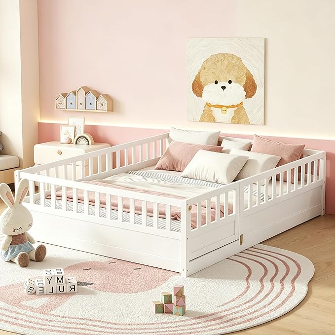 Full Floor Bed with Slats and High Fence, Full Size Montessori Floor Beds with Door, No Box Spring Needed, Easy Assemble Montessori Bed Frame(White Full)