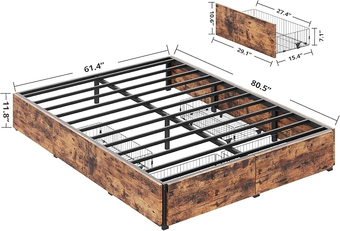 LIKIMIO Queen Bed Frame with Storage, 4 Drawers and Heavy Strong Metal Support Frames, Solid Stable, No Box Spring Needed, Noise-Free, Easy Assembly, Industrial Brown