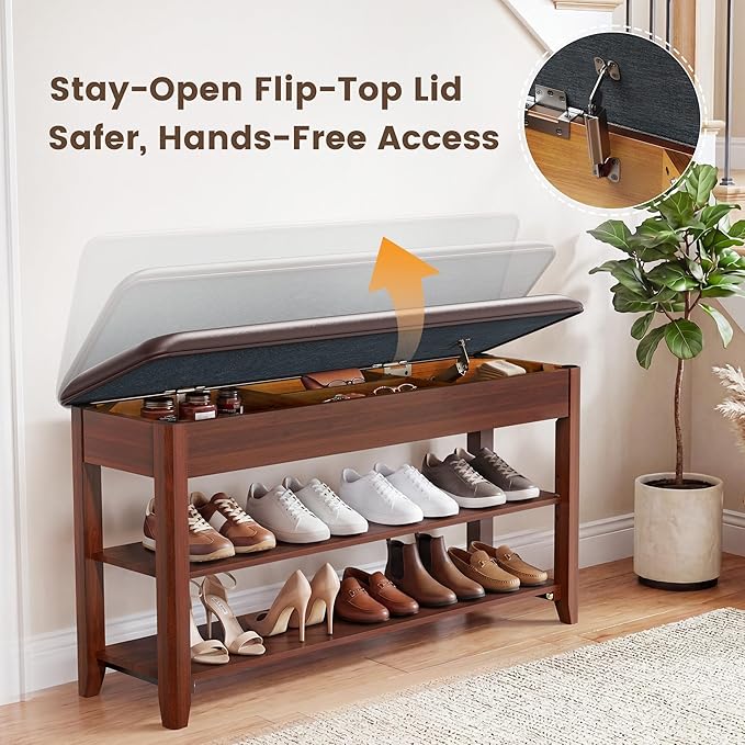 LBT Shoe Bench with Storage, Solid Rubberwood Shoe Storage Bench with Cushion, 2-Tier Shoe Rack for Entryway, Shoe Rack Bench with Deep Hidden Compartment and Stay-Open Hinge, 550lb Capacity Walnut