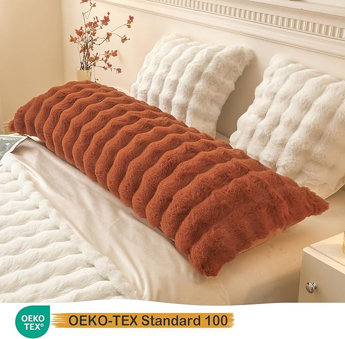 LIFEREVO Fluffy Faux Rabbit Fur Body Pillow Cover, Cozy Bubble Shaggy Plush Bed Body Pillowcase with Zipper Closure, Long 20"x54" Fuzzy Furry Pillow Case for Bedroom Home Decoration, Burnt Orange