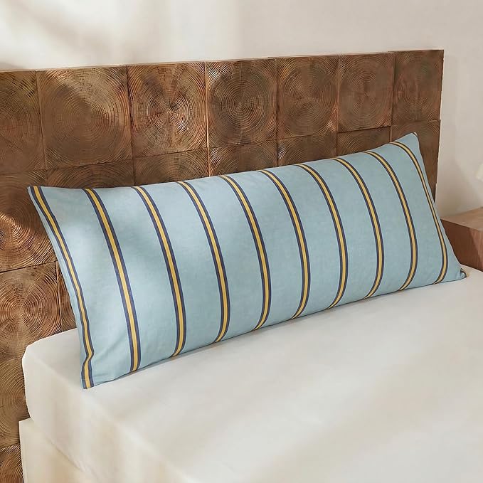 Merryword Body Pillow Cover 20x54inches, 100% Cotton Pillow Case, Green and Orange Striped Pillowcase, Luxury Linen Like Pillowcase, Soft Breathable Wide Stripes Long Pillowcase, 1-Piece