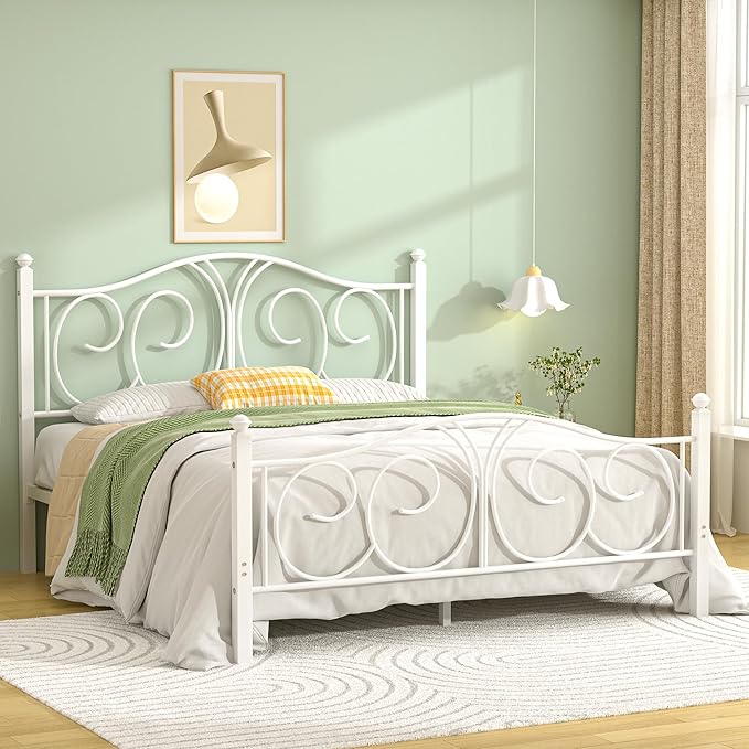 VECELO Queen Size Metal Platform Bed Frame with headboard and Footboard, Heavy Duty Mattress Foundation, Steel Slat Support, No Box Spring Needed, Easy Assembly, Pure White