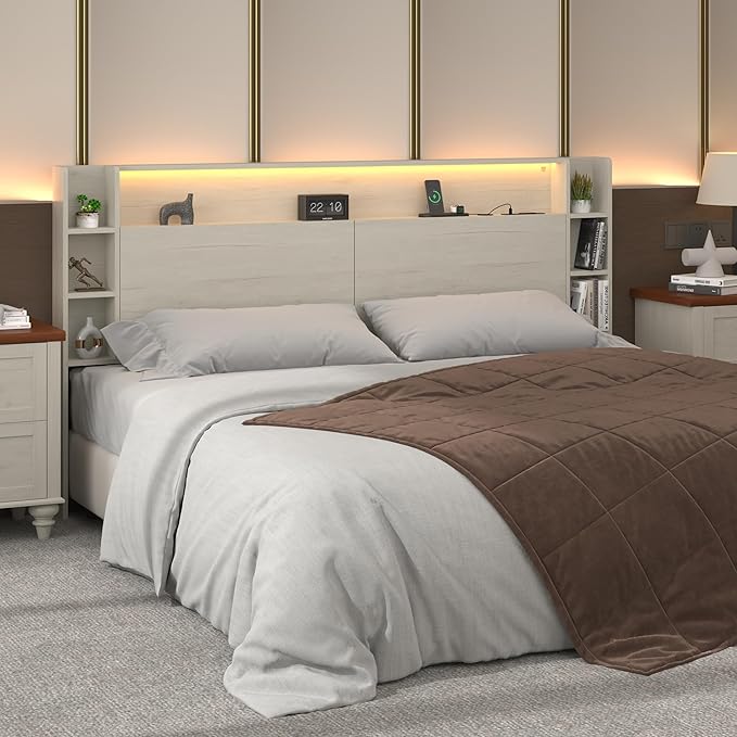 King Headboard Only with Shelves Storage, Headboards with Charging Station 2 USB Ports and LED Light,Sturdy and Stable Modern Sturdy and Stable Wood Bed Board (White, King) | Solid wood leg, chargestation, Storage